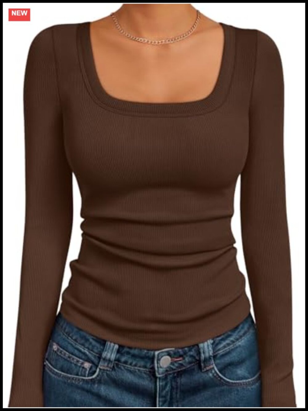 Ribbed Knit Square Neck Long Sleeve Top: Stretchable